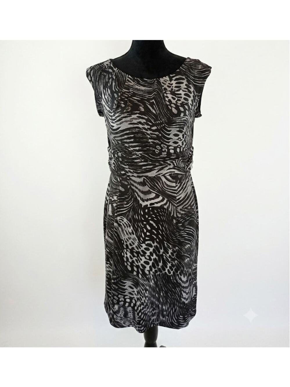 AB Studio Midi Sheath Dress Pleated Abstract Animal Print Professional Medium